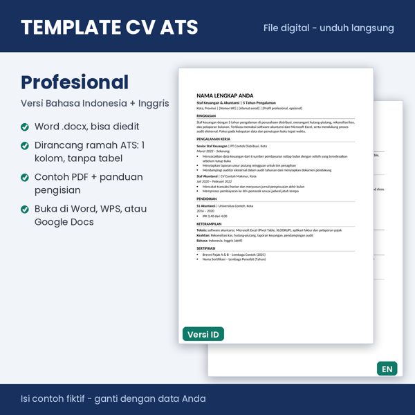 Pratinjau Template CV ATS Profesional Berpengalaman 2+ Tahun