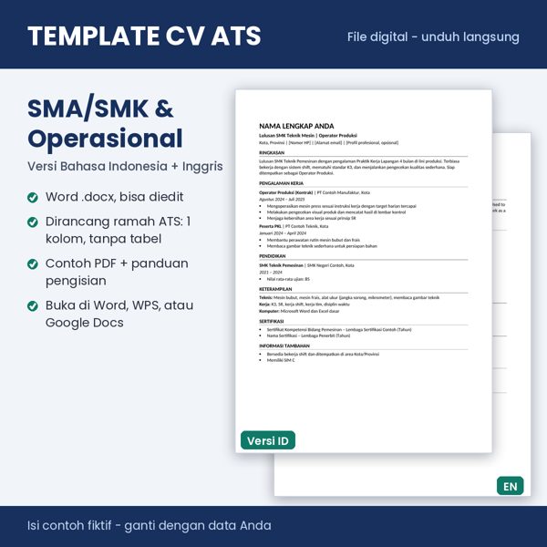 Pratinjau Template CV ATS Lulusan SMA/SMK, Operator Produksi & Gudang
