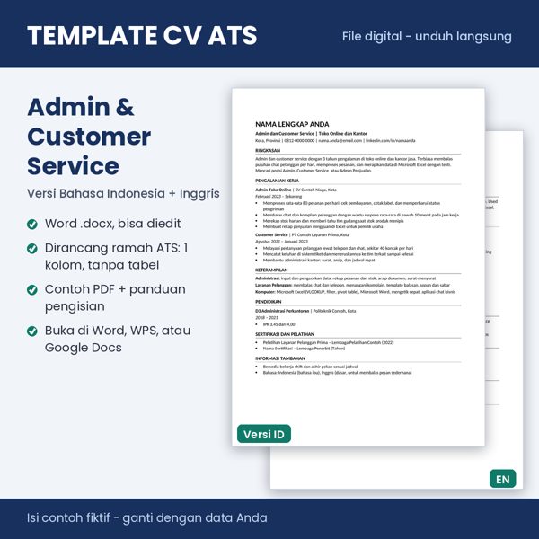 Pratinjau Template CV ATS Admin Kantor, Admin Online Shop & Customer Service
